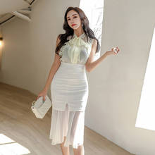 Summer 2 Piece Outfits Elegant Women Chiffon Perspective Sheer Transparent Sleeveless Shirt Tops Package Hip Skirt Sets Female 2024 - buy cheap