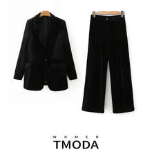 TMODA355 2 Pieces Sets  Women Elegant Black Velvet Single Button Blazers Women Jackets Tops And Suit Pants Trousers Women Set 2024 - buy cheap
