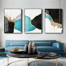 Póster de arte de pared para decoración de habitación, imagen decorativa moderna abstracta con patrón geométrico azul dorado y línea dorada, lienzo para hotel 2024 - compra barato