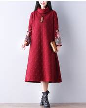 Autumn Winter Women Warm Long Dress Turtleneck Black Wine Red Floral Embroidery Dress  Long Sleeve Elegant Thick Vintage Dresses 2024 - buy cheap