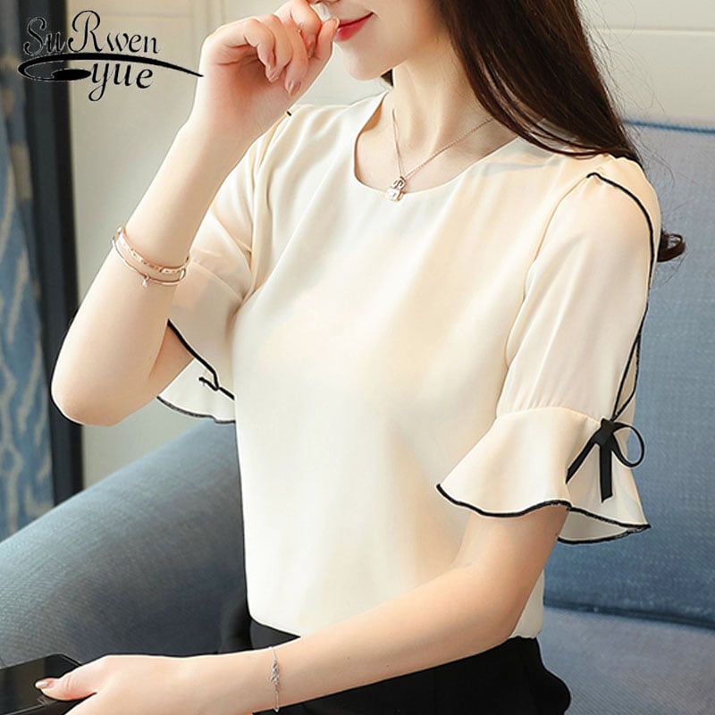 Cheap 2021 Spring Chiffon Blouse Office Lady Fashion Tops Sweet Bow Shirts  Women Casual Long Sleeve Female Blusas Clothing 13864