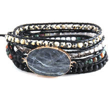 Moda feminina frisado pulseira artesanal misturado preto cinza pedras cristal e charme 5 fios wrap pulseiras 2024 - compre barato