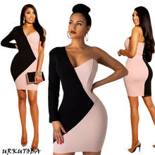 Women Fashion Sexy V Neck Long Sleeve One-Shoulder Dress Black Pink Contrast Color Asymmetric Patchwork Short Slim Mini Dress 2024 - buy cheap