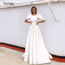 Verngo uma linha de cetim vestido de casamento puff mangas curtas o-pescoço keyhole voltar botões vestido noiva 2021 vestidos de casamento coreano 2024 - compre barato