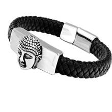 Pulsera de acero inoxidable con Cabeza de Buda para hombre, brazalete de cuero tejido negro con cierre magnético, joyería de Buda, China 2024 - compra barato