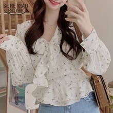 2021 puff manga roupas blusas mujer outono babados floral chiffon camisa feminina escritório casual manga longa blusa feminina 10249 2024 - compre barato