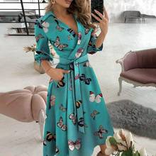 Solid Color Womens Dress Sexy Deep V Neck Long Sleeve Knee-Length Dress for Women Elegant Large Hem Party A Line Dress with Belt 2024 - buy cheap