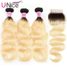 Unice-cabelo brasileiro ondulado, cabelo humano, 2 tons, raízes escuras, ombré, loiro, 3 mechas, com renda de fechamento, 1b/613 2024 - compre barato