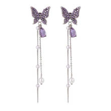 Purple Color Butterfly Rhinestone Crystal Long Tassel Drop Dangle Earring Prevent Allergy Jewelry Personality Trend Accessories 2024 - buy cheap