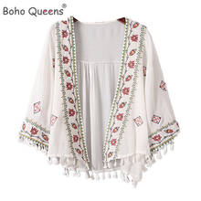 Boho Queens Women Floral Embroidery Kimono Bohemian V Neck Flare Sleeves Ladies Loose Blouses Bikini Cover-up 2024 - buy cheap