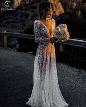 Женское вечернее платье SSYFashion, роскошное блестящее Прозрачное платье с длинными рукавами, V-образным вырезом, открытой спиной и блестками, с бисером 2024 - купить недорого