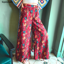 Gypsylady calça solta longa com estampa floral, boêmia, feminina, de veludo, boho, para primavera, cintura elástica, chique, pernas largas 2024 - compre barato