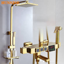 Conjunto de chuveiro termostático dourado, de quatro funções, conjunto de chuveiro digital dourado, para fixação na parede 2024 - compre barato