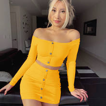 Sexy Off Shoulder Two Piece Set Solid Button Bodycon 2 Piece Set Women Long Sleeve Top And Skirt Summer Autumn Sets 2024 - buy cheap