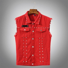 Colete jeans vintage para homens, roupa masculina vermelha sem mangas 5xl 2024 - compre barato
