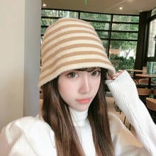 Winter Hats Wool Fur Bucket Hat Women 2020 Autumn Warm Striped Designer Fisherman fishing cap fluffy fuzzy kapelusz bucket hats 2024 - buy cheap