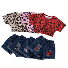 2021-01-15 Lioraitiin 2Pcs Set 1-5 Years Toddler Baby Girl Leopard Print Summer T-Shirt Top+Ripped Hole Jeans Denim Pants Shorts 2024 - buy cheap