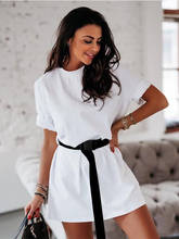 Camiseta básica feminina, verão, vestidos com cinto, manga curta, preto, branco, mini vestido, malha, longo, camiseta, 2021 2024 - compre barato