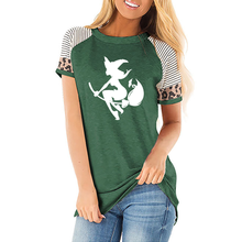 Camiseta bruxa on voador feminina, gola redonda, moda verão, camiseta feminina de algodão, manga curta listrada com leopardo 2024 - compre barato