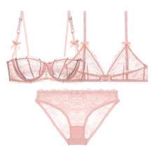 Sexy Shell Flower Lace see through Underwear 1/2 half cup 3/4 cup underwire Bra + wire free Bra + Thong 3pcs Lingerie set 2024 - buy cheap