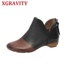 Xgravity-botas femininas de couro legítimo de vaca, feito à mão, macia, designer com zíper, bico redondo, sapatos de inverno para mulheres, s036, 2021 2024 - compre barato