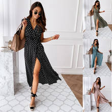 Womens Summer Maxi Dress Short Sleeve V-Neck Ladies Polka Dot Dreeses Split Vestidos For Femela Boho Beach Holiday Dress Fashion 2024 - buy cheap