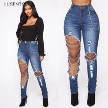 Lugentolo Jeans Women Sexy Tight Hole Early Spring High Waist Chain Elastic Solid Tight Female Long Pencil Jeans 2024 - buy cheap