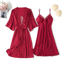 Lace Hollow Out Sleepwear Women Satin Kimono Robe Gown Silky 2PCS Nighty&Robe Suit Casual Intimate Lingerie Home Clothes 2024 - buy cheap
