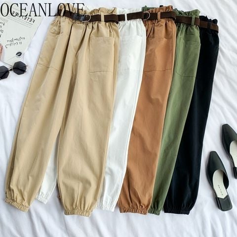 OCEANLOVE 2020 Cargo Pants Women Solid Sprng Summer Ankle-lenght High Waist Trousers Belt BF Style Loose Pantalon Femme 13749 2022 - buy cheap