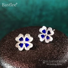 Four Leaf Clover Flower 999 Sterling Silver Stud Earrings For Women Blue Earring Cloisonne Enamel Luxury Jewelry Small Studs 2024 - buy cheap