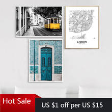 Póster con mapa de la ciudad de Portugal, impresiones de azulejos portugueses, puerta azul, arte de pared Vintage, pintura de lienzo, fotografía de Ciudad, decoración de habitación 2024 - compra barato