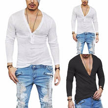 Barato masculino respirável profunda v elegante t camisa cor sólida magro ajuste tshirt masculina moda verão hipster streetwear topos t 2024 - compre barato