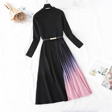 Autumn Winter Elegant Knitted Patchwork Gradient Pink Pleated Dress Women Long Sleeve Office One-Piece Sweater Dress With Belt 2024 - buy cheap