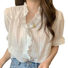 Women's Fashion V-Neck Blouse Summer Casual Sweet Short Sleeve Chiffon White Shirt Tops 2024 - buy cheap