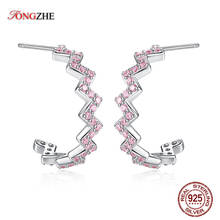 TONGZHE Authentic 925 Sterling Silver Z Shape Hoop Earrings For Women Pink Zircon Earrings Girls Ear Jackets Jewelry Handmade 2024 - buy cheap