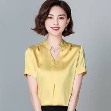 Summer women satin silk shirt blouse elegant office ladies work shirt fashion diamond buttons V-neck chiffon shirt business tops 2024 - buy cheap