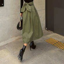 Saia feminina verde militar, saia longa elegante midi laço cintura alta casual linha a 2024 - compre barato