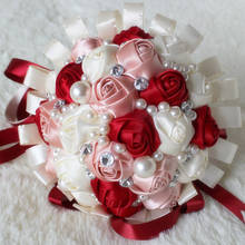 Romântico roxo branco fita casamento bouquet decorativo artificial rosa flores de cristal nupcial pérolas ponto seda bouquets w271 2024 - compre barato