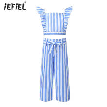 Summer Girls Clothes Set Kids Striped Outfits Ruffle Shoulder Sleeveless Crop Top + Pants 2Pcs Suit Children Clothing 6-14 Years 2024 - buy cheap