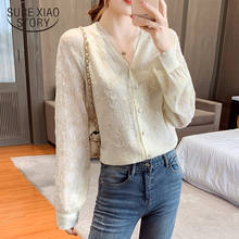 Autumn Embossed V-neck Lantern Sleeve Long Sleeve Blouse Solid Color Chic Lace Bottoming Shirt Elegant Retro Blusas Mujer 12194 2024 - buy cheap