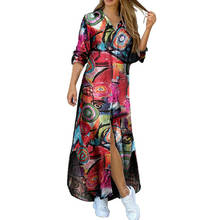 Макси платья для женщин в африканском стиле 2021 летнее женское платье-рубашка с принтом «граффити»; Украшенные пуговицами, повседневное Свободное длинное платье размера плюс 2024 - купить недорого