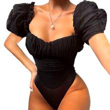 2019 mulheres topos ver através de moda festa clube puff manga preto bodysuits gola quadrada sexy oco para fora malha bodysuit 2024 - compre barato