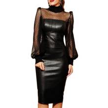 Elegant Party Dresses Sexy Women Summer Turtle Neck See Through Long Sleeve Robe Femme Faux Leather Bodycon Midi Dress 2024 - buy cheap