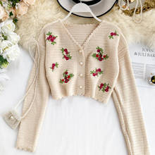 Women Sweater Cardigan 2020 Korean Embroidery flowers Exposed navel Knitted cardigan Autumn Long sleeve Button V neck short Tops 2024 - buy cheap