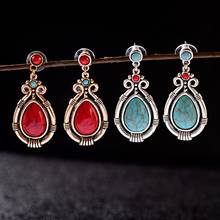 Ethnic Vintage Women's Red Blue Turquoises Stone Earrings Silver Color Water Drop Earrings Orecchini Etnici 2024 - buy cheap