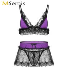 Conjunto de micro lingerie transparente masculino, lingerie de renda sensual para homens, sutiã erótico com mini saia, calcinhas g-string 2024 - compre barato