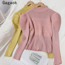 Brinaok suéter feminino vintage coreano, gola alta, manga bufante, curto, simples, para primavera e outono 2020 2024 - compre barato