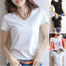Basic Solid Color T-shirt Female V-Neck Tops Summer Women's Short Sleeve Black White T Shirt Round Neck Casual Tee Shirts 2024 - buy cheap
