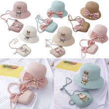 2021 New Baby Girl Summer Beach Hats Cartoon Bunny Bowknot Kids Girls Sun Protection Straw Hat With Handbag UV Protection Cap 2024 - buy cheap