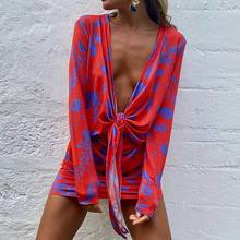 Floral Print Red Dress Tie up Long Sleeve Deep V Neck Mini Dresses for Women Casual Beach Party Wear Ladies Bodycon Vestidos 2024 - buy cheap
